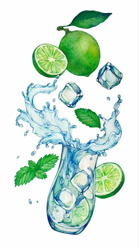 Watercolor Water Sommelier, Mojito Illustration, Mojito Cocktail, Bar Art, 3d Drawings, Watercolor Wallpaper, Chalk Art, Painting Class, Painting Art Projects