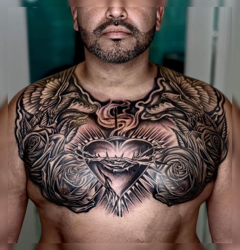 Meaningful Chest Tattoo Phenomenal Tattoo, Religous Tattoo, Tattoos Chest, Tattoo Christian, 2023 Pedicure, Full Chest Tattoos, Men Portrait, Sketches Ideas, Omerta Tattoo