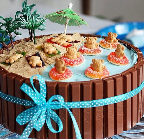 Kit Kat beach party cake Pool Birthday Cakes, Swimming Pool Cake, Beach Birthday Cake, Pool Party Cakes, Pool Cake, Kit Kat Cake, Beach Birthday Party, Beach Cakes, Summer Birthday Party