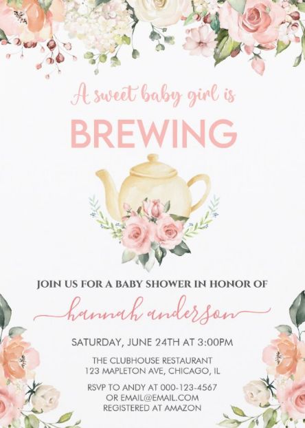 Tea For Two Baby Shower Ideas, Twin Girls Baby Shower Ideas, Twin Girl Baby Shower Ideas, Tea Party Baby Shower Theme, Tea Party Baby Shower Invitations, High Tea Baby Shower, Baby Shower Tea Party, Girl Shower Themes, A Baby Is Brewing