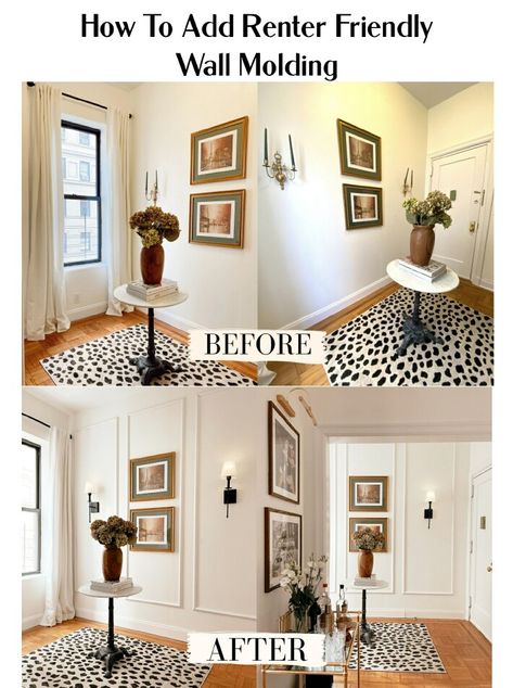 Diy Wall Moulding, Renters Diy, Renter Friendly Wall, Renter Friendly Decorating, Renter Friendly Wallpaper, Paneling Ideas, Rental Home Decor, Base Housing, Wall Moulding