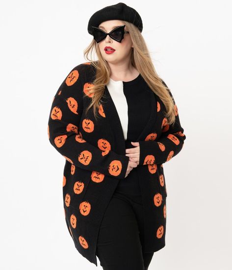 Plus Size Black & Orange Pumpkins Open Long Cardigan – Unique Vintage Pumpkin Cardigan, Cardigan Styles, Sweater Pumpkins, Heavy Sweaters, Pin Up Outfits, Black Print Dress, Plus Size Cardigans, Plus Size Vintage, Cardigan Outfits