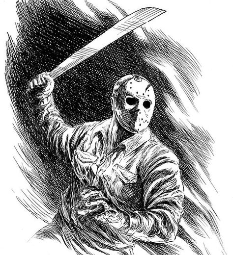 One of the most iconic movie slashers of all time, Jason Voorhees Jason Voorhees Art Drawing, Jason Voorhees Sketch, Jason Drawing Friday The 13th, Slasher Artwork, Jason Vorhees Tattoo, Jason Voorhees Tattoo, Jason Voorhees Drawing, Jason Drawing, Movie Slashers