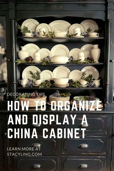 Looking for ways to decorate your china cabinet and hutch? Here are some tips to organize and style your china cabinet for winter and beyond. #chinacabinet #chinacabinetredo #chinacabinetmakeover #chinacabinetdecor #chinacabinetdisplayhowtoarrange #chinacabinetdisplay #chinacabinetdecoratingideas #hutchmakeover #hutchdecoratingideas #hutchdecor China Cabinet Decorating Ideas, Cabinet Decorating Ideas, China Cabinet Decor, China Cabinets And Hutches, China Cabinet Redo, Dish Cabinet, China Cabinet Makeover, Home Decor Winter, Dish Display