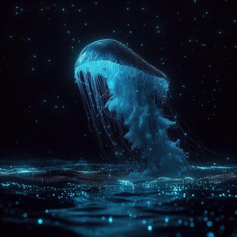 A glowing Jellyfish gracefully jumping out of the deep ocean exuding beautiful bioluminescence. Bioluminescence Fish, Bioluminescence Creatures, Bioluminescent Ocean, Bioluminescent Animals, Dark Underwater, Ocean Makeup, Crystal Jellyfish, Glowing Ocean, Bioluminescent Jellyfish