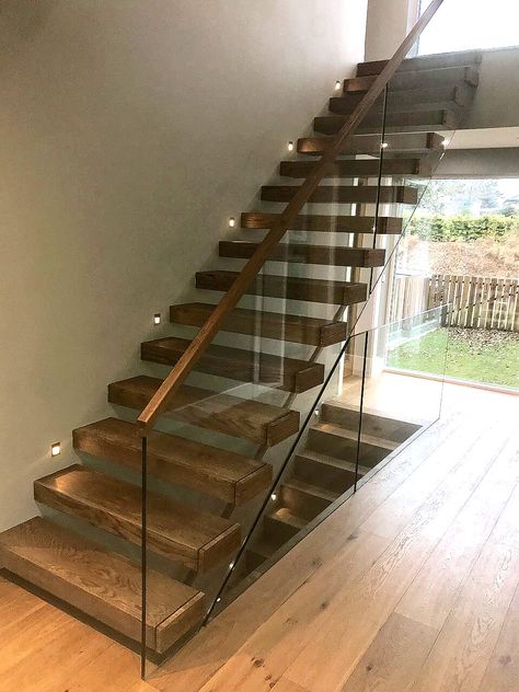 Floating Stairs - AJD Bespoke Stairs in Ireland - Dublin , Kilkenny , Carlow , Tipperarty , Wexford and Cork Stairs With Glass Balustrade, Stairs With Glass, William And Henry, Staircase In Living Room, White Oak Wide Plank, Modern Staircases, Frameless Glass Balustrade, Wide Plank Floors, Bespoke Staircases