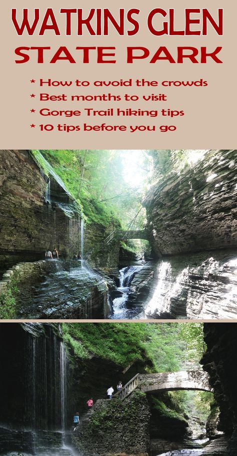 Watkins Glen State Park waterfalls and hikers which walk under the fall on the Gorge Trail. High Falls Gorge Ny, Watkins Glen Gorge Trail, Glen Watkins State Park, Glen Falls Ny, Places To Visit In New York State, Upper New York State Travel, Things To Do In Watkins Glen Ny, Ricketts Glen State Park Hiking, Niagara Falls Trip