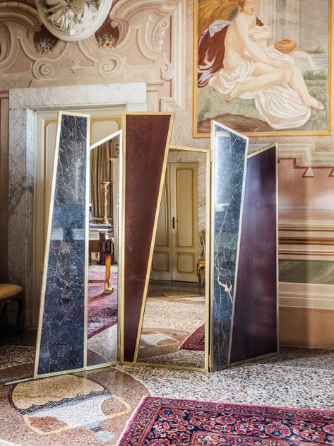 Fiammetta V. Eros Screen in Black Port Laurent Marble, Cherrywood, Bronzed Mirror Bronzed Mirror, Cosmic Rose, Black Port, Mirror Screen, Folding Screen Room Divider, Folding Screens, Milan Hotel, Sleek Desk, Vintage Vignettes