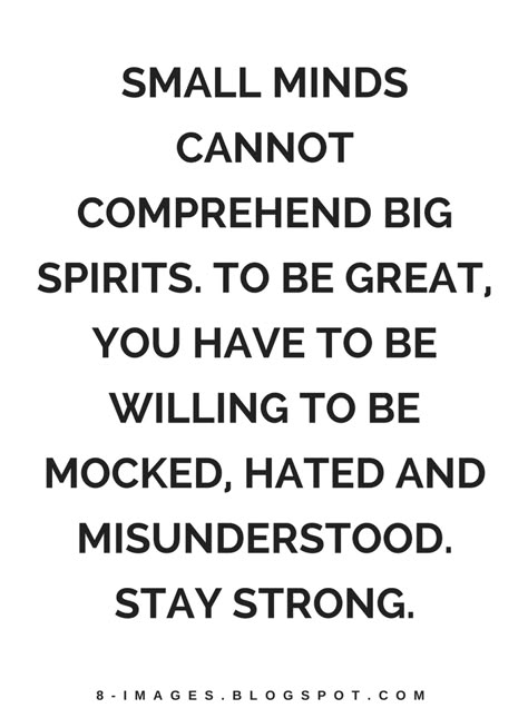 Quotes Small minds cannot comprehend big spirits. To be great, you have to be willing to be mocked, hated and misunderstood. Stay Strong. People Mocking You Quotes, To Be Misunderstood Quotes, Strong Spirit Quotes, Comprehend Quotes, Best Female Quotes, Books For Strong Mindset, Strong Willed Quotes, Mocking People Quotes, Being Mocked Quotes