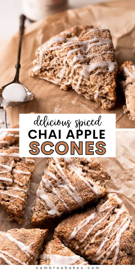 These fresh apple cinnamon scones have the best apple flavor, warm spices, and a delicious cinnamon glaze on top. They are perfect fall recipe served for a breakfast treat or dessert! | Cambrea Bakes Scone Icing Recipe, Apple Chai Scones, Apple Scone Recipes, Cobs Scones Recipe, Fall Flavored Scones, Savory Fall Baked Goods, Home Made Scones Recipe, Apple Pie Scones Recipe, Autumn Scone Recipes