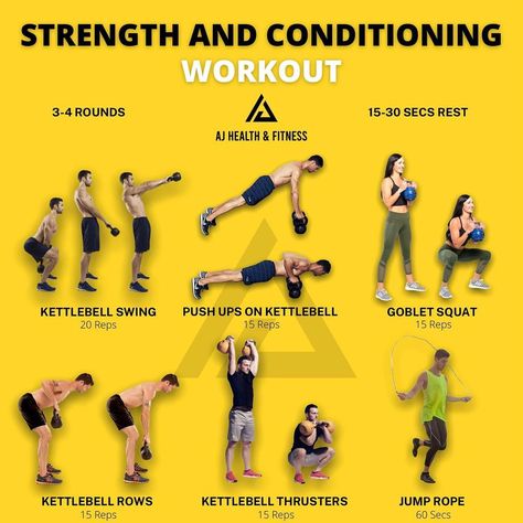 AJ HEALTH & FITNESS on Instagram: “Strength And Conditioning Workout💪🏻 By 👉🏻 @aj_healthfitness 👈🏻 - The Benefits of this Strength & Conditioning Workout is to improve speed…” Strength And Conditioning Workouts, Strength And Conditioning, Conditioning Workouts, Goblet Squat, Kettlebell Swings, Strength Conditioning, Jump Rope, Kettlebell, Fitness Center