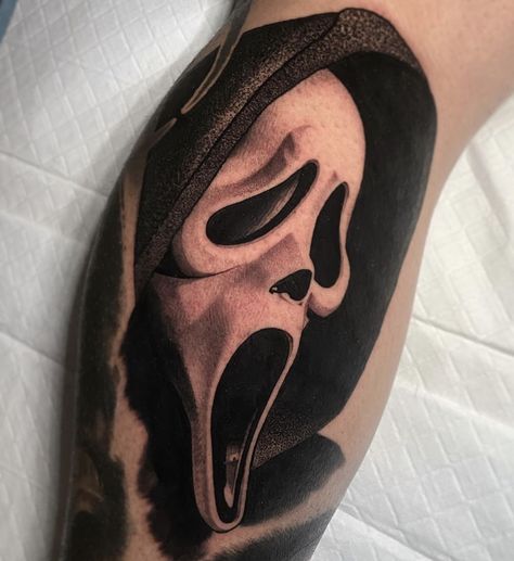 Ghost Face Leg Tattoo, Scream Tattoo Design Stencil, Ghostface Wazzup Tattoo, Ghostface Design, Horror Movie Portrait Tattoo, Sleepy Hallow Tattoo, Micheal Myers’s Tattoo, Horror Portrait Tattoo, Michael Meyers Tattoos