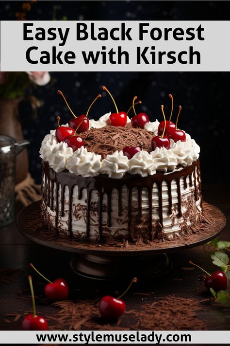 Make this easy Black Forest cake with moist chocolate layers, cherry filling, and a touch of Kirsch liqueur for an authentic German dessert! Black Forest Cheesecake Cake, Black Forest Cake Decoration Ideas, Black Forest Cake Aesthetic, Black Forest Cake Recipe Easy, Schwarzwald Cake, Black Cherry Cake, Easy Black Forest Cake, Black Forest Cake Decoration, Black Forest Cake Easy