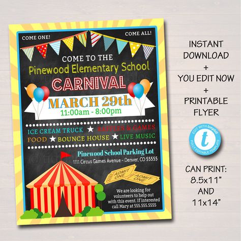 Pto Flyers, Carnival Flyer, Movie Night Flyer, Carnival Event, Charity Work Ideas, Church Fundraisers, Fundraiser Event, Fundraiser Flyer, School Carnival