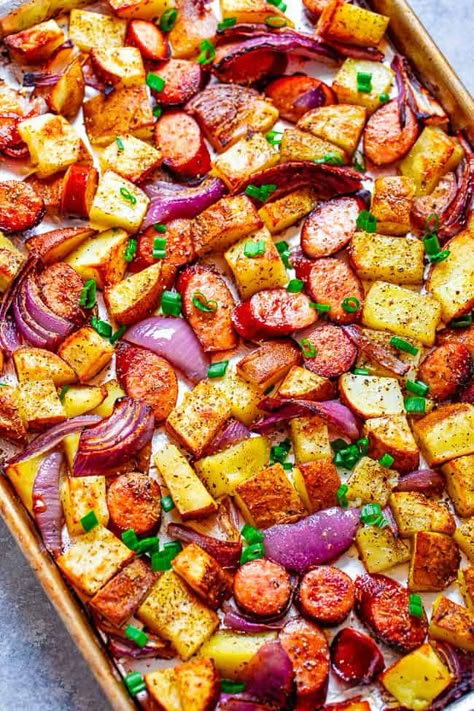 Sheet Pan Sausage and Potatoes - Averie Cooks Dinners With Potatoes, Sheet Pan Sausage And Potatoes, Whole Roast Chicken Recipe, Sausage And Potato Bake, Sheet Pan Sausage, Kielbasa And Potatoes, Pan Sausage, Sausage And Potatoes, Sausage Dinner