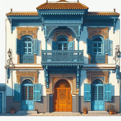 Moroccan Architecture Drawing, Morocco Buildings, Moroccan Home Exterior, Moroccan House Exterior, Building Pattern, Arabic Architecture, Moroccan Architecture, African House, Cottage Exterior