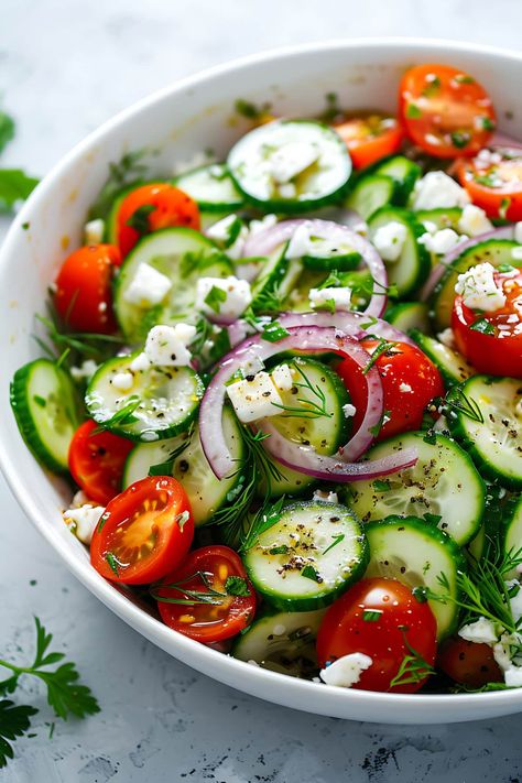 Healthy Pretty Food, Tomato Cucumber Feta Salad, Salad Plating, Cucumber Tomato Feta Salad, Tomato Feta Salad, Tomato And Cucumber Salad, Cucumber And Tomato Salad, Simple Family Meals, Meat Salad