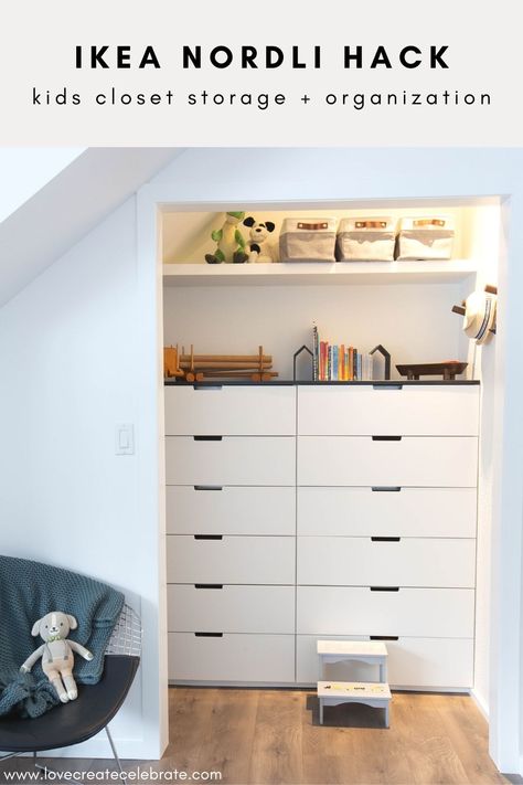 Ikea Nordli Hack, Kids Closet Design, Ikea Kitchen Drawers, Nordli Ikea, Closet Organization System, Small Closet Makeover, Ikea Closet Hack, Ikea Nordli, Ikea Built In