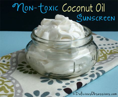 Homemade Non-Toxic Coconut Oil Sunscreen Recipe | DeliciousObsessions.com Coconut Oil Sunscreen, Sunscreen Recipe, Homemade Coconut Oil, Healthy Holistic Living, Raspberry Seeds, Diy Cosmetics, Homemade Remedies, Beauty Recipe, Diy Skin Care