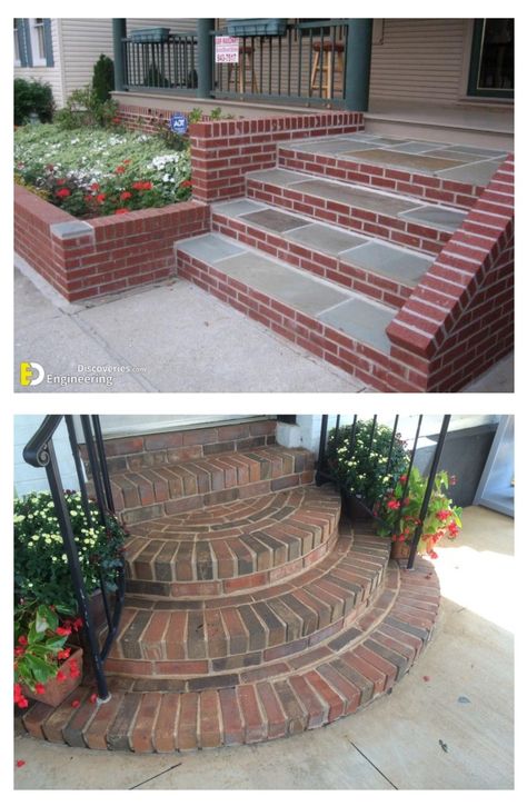 Red Brick Sidewalk, Curved Front Porch Steps, Concrete Brick Steps, Brick Stairs Outside Entrance, Front Steps Ideas Brick, Front Porch Steps Ideas Entrance, Outdoor Stairs To House Entrance, Paver Stairs, Brick Stairs