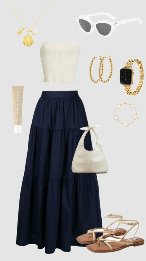 #outfitinspo #classy #chic #simple #summer #gold Simple Looks Outfit, Girly Summer Outfits Classy, Classy Summer Outfits Aesthetic, Summer Long Skirt Outfits, Gold Sandals Outfit, Beach Outfit Modest, Summer Outfits Skirts, Simple Beach Outfit, Modesty Outfits