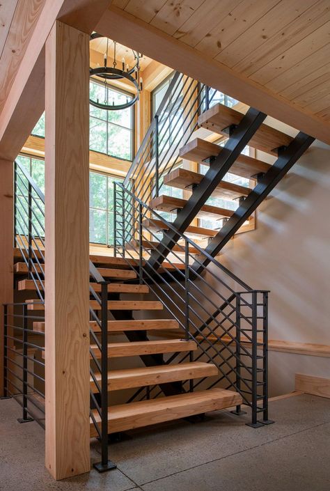 Amazing lakeside family retreat in Minnesota feels like a summer camp Indoor Railings, Cabin Stairs, Cabin Building, Rustic Staircase, Indoor Railing, Camp Cabin, Open Stairs, Stair Rail, Lakeside Cabin