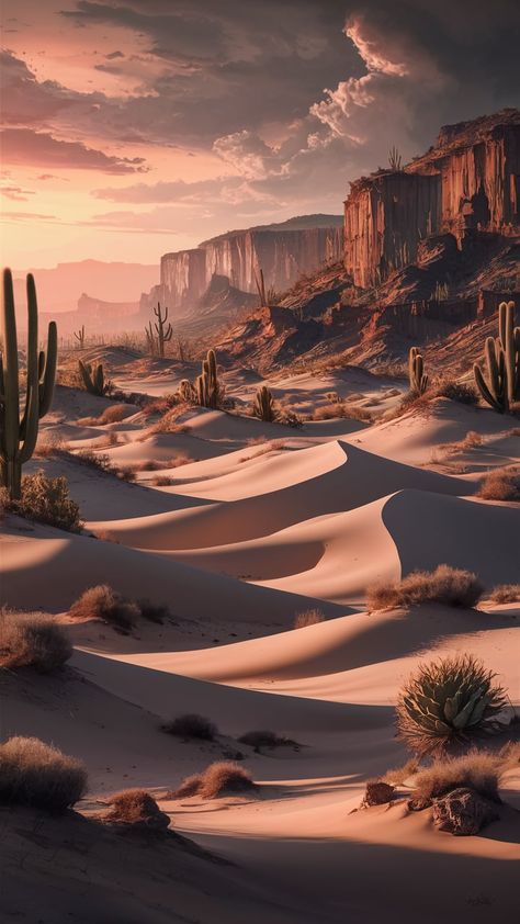 Immerse yourself in this captivating desert landscape wallpaper, featuring rolling dunes, golden sand, and a stunning sunset palette of orange and pink. Realistic textures, scattered cacti, and surreal oversized plants create a whimsical oasis. Perfect for nature lovers, this art piece captures the vastness and solitude of the desert. Ideal for home decor, digital backgrounds, and nature-inspired aesthetics. Desert Landscape Wallpaper, Desert Oil Painting, Desert Oasis Aesthetic, Sahara Desert Aesthetic, Vintage Desert Aesthetic, Dessert Landscape, Desert Texture, Space Desert, Dessert Landscaping