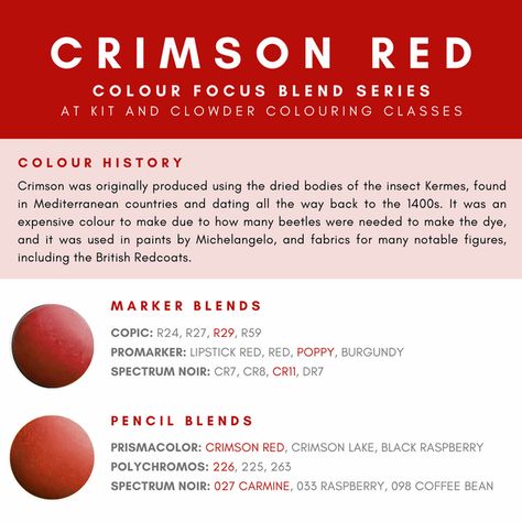 07 Crimson Red | COLOR FOCUS Vermilion Color, Focus Blend, Color Of The Week, Prismacolor Art, Color Boards, Spectrum Noir, Colored Pencil Techniques, Orange Poppy, Color Techniques