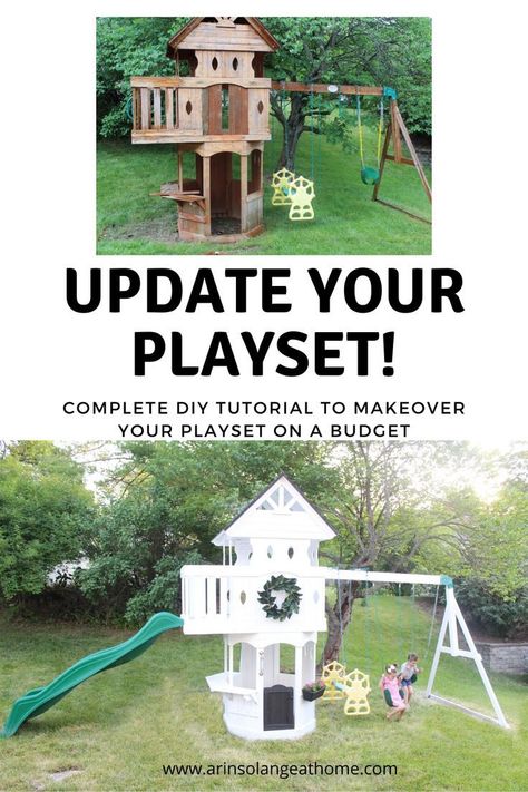 Outdoor Playset Makeover, Diy Swingset, Swing Set Makeover, Playset Makeover, Wood Playground, Wooden Playground, Kids Play Set, Diy Playground, Gallon Of Paint