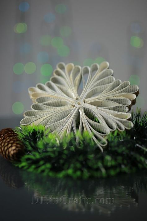 How to Make Snowflake Ornaments Out of an Old Book - DIY & Crafts Recycled Books Crafts, Book Paper Pinecone Diy, Old Book Ornaments Diy, Christmas Ornaments Made From Old Book Pages, Christmas Decor With Book Pages, Book Page Wreaths, Christmas Decor Ideas For Library, Ornaments Out Of Book Pages, Christmas Crafts With Book Pages