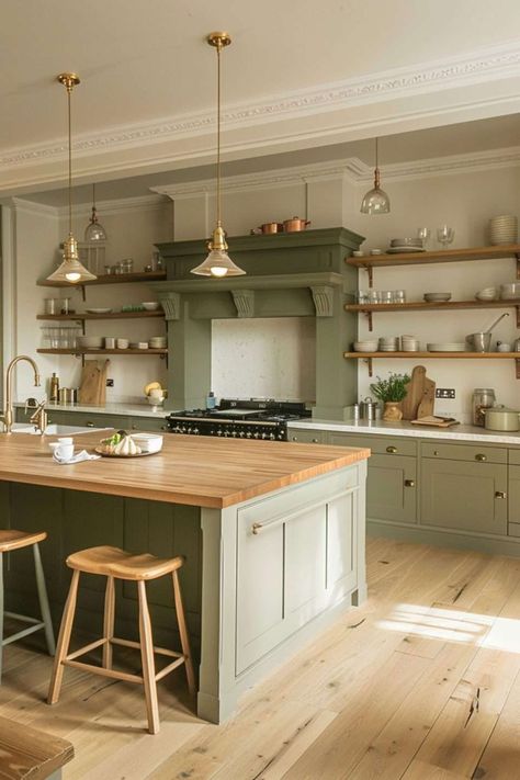 Green Kitchen Scandinavian, Natural Wood And Green Kitchen Cabinets, Kitchen Interior Green, House Interior Green, White Interior Kitchen, Green House Interior Ideas, Green Island Kitchen, Sage Green Interior Design, House Designs Interiors