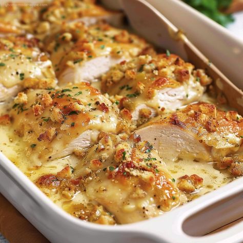 Chicken Casserole Dishes For Dinner, Creamy Swiss Chicken Bake, Swiss Cheese Chicken Bake, Chicken Swiss Bake, Swiss Chicken Bake With Stuffing, Chicken Swiss Cheese Stuffing Casserole, Chicken Casserole Stuffing, Sunday Casserole Dinner, Recipes With Swiss Cheese