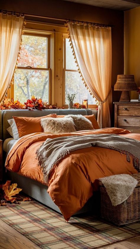 Autumn Aesthetic Bedroom Ideas, Fall Cottage Bedroom, Fall Colors Bedroom, Autumnal Bedroom, Autumn Bedroom Aesthetic, Fall Bed, Autumn Bedroom Decor, Fall Living Room Ideas, Fall Core