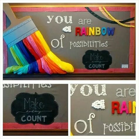 An adorable self esteem rainbow themed bulletin board- perfect for back to school! Perfect for preschool, kindergarten, first grade and second grade! Paintbrush Bulletin Board Ideas, All Year Round Bulletin Boards, Paintbrush Bulletin Board, 3d Bulletin Boards, Art Bulletin Boards, Bullentin Boards, Classroom Doors, Rainbow Classroom, Color Unit