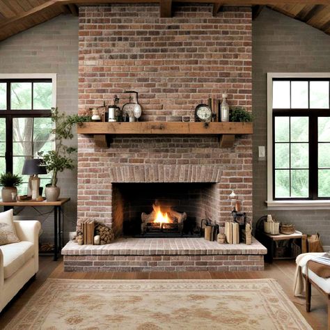 40 Brick Fireplace Ideas To Cozy up Your Home Brick Living Room Fireplace, Brick Fireplace Wallpaper, Tall Brick Fireplace Wall High Ceilings, Brick Fireplace Hearth Ideas, Solid Brick Wall Fireplace, Red Brick Fireplace Mantle, Brick Fireplace Decor Ideas, Red Brick Fireplace Decor, Red Brick Fireplace Living Room