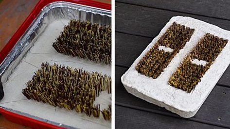 DIY Cement Boot Brush Mat | DIY Joy Projects and Crafts Ideas Diy Boot Brush, Diy Joy, Boot Brush, Diy Cement, Aluminum Tray, Concrete Diy Projects, Shoe Brushes, Cement Crafts, Plastic Trays