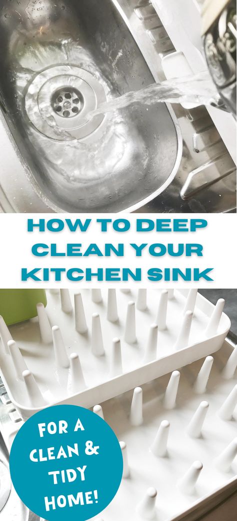 clean kitchen sink - text overlay reads "how to deep clean your kitchen sink" How To Clean Kitchen Sink, Clean A Kitchen, Clean The Kitchen, Cleaning Checklists, Draining Board, Clean Kitchen Sink, Homemade Cleaning Supplies, Keep It Clean, Porcelain Sink