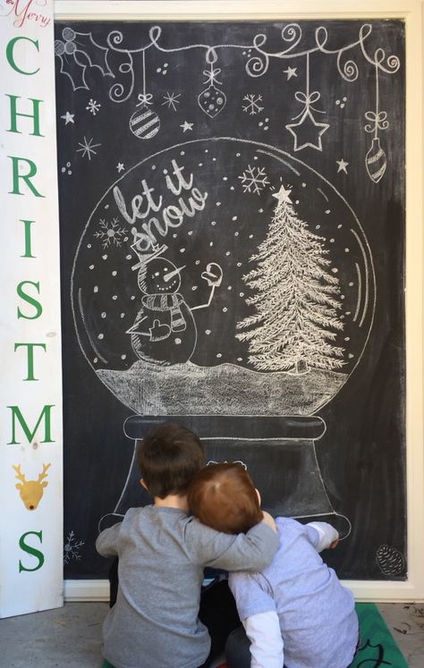 Brothers. Christmas 2015. Let it snow! Snow globe chalk art. Snow Globe Window Painting, Chalk Wall Christmas Ideas, Winter Window Chalk Art, Christmas Window Drawing Ideas, Chalk Window Christmas, Christmas Window Chalk Art, Christmas Whiteboard Ideas, Xmas Window Painting, Christmas Chalkboard Art Ideas