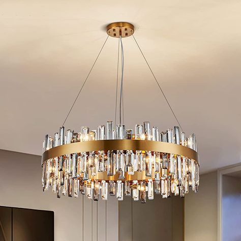 Siljoy Modern Round Crystal Chandeliers, Brushed Gold K9 Crystal Hanging Ceiling Light, 3-Way Dimmable Pendant Lighting Fixture for Dining Room Kitchen Island Living Room, E12 Bulbs x 16, Dia 31.5'' - - Amazon.com Raindrop Chandelier, Spa Aesthetic, Round Crystal Chandelier, Crystal Chandelier Lighting, Modern Crystal Chandelier, Crystal Ceiling Light, Crystal Pendant Lighting, Round Chandelier, Crystal Chandeliers