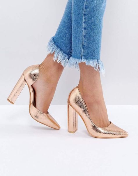 Public Desire Rose Gold Block Heel Pumps #asos Rose Gold Block Heels, Rose Gold High Heels, Rose Gold Pumps, Gold Block Heels, Rose Gold Heels, Public Desire, Gold Pumps, Prom Shoes, Gold Heels