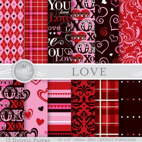 LOVE Digital Paper Pack Pattern Prints Instant by MNINEDESIGNS Album Photo Scrapbooking, Valentines Patterns, Scrapbook Printing, Love Theme, Hearts Pattern, Paper Packs, Scrapbooking Stickers, Printable Scrapbook Paper, Photo Album Scrapbooking