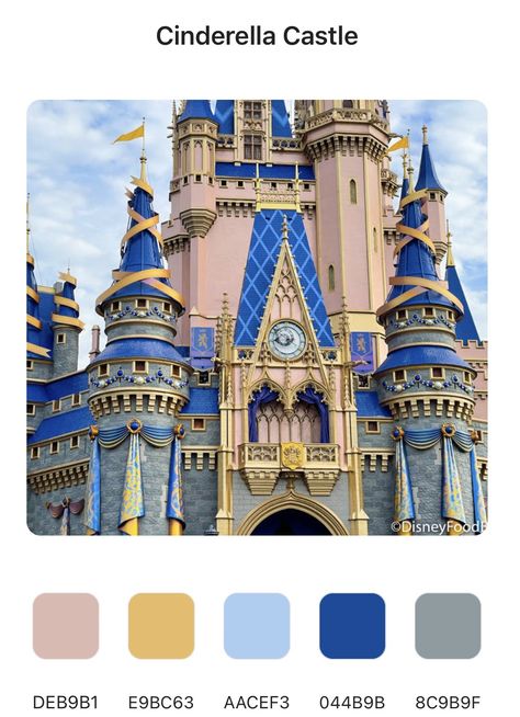 Magic Kingdom Color Palette, Disney Castle Color Palette, Vintage Disney Color Palette, Disney Paint Colors, Disney Wedding Color Scheme, Disneyland Color Palette, Disney Color Schemes, Disney Colour Palette, Cinderella Color Palette