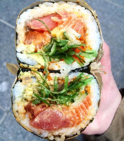 These are the trends that people will be labeling "new" and "trendy" and "hipster" in the following months and years. Hipster Food, Sushi Burrito, Sandwich Bar, Heat Rash, Sushi Recipes, Midtown Manhattan, Nyc Restaurants, Food Trends, Sushi Rolls