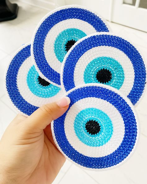 Let’s not forget my crochet 🧿 evil eye coasters! A perfect little statement piece to keep your home #fashionablyprotected 💕 @freshalamode comment below for the direct link to purchase this set of 4! ✨#evileye #homedecor #home #coffee #evileyeaccessories Evil Eye Coasters, Crochet Evil Eye, Eye Texture, Crochet Idea, Evil Eye Design, Turkish Eye, Fabric Coasters, Home Coffee, Pretty Packaging