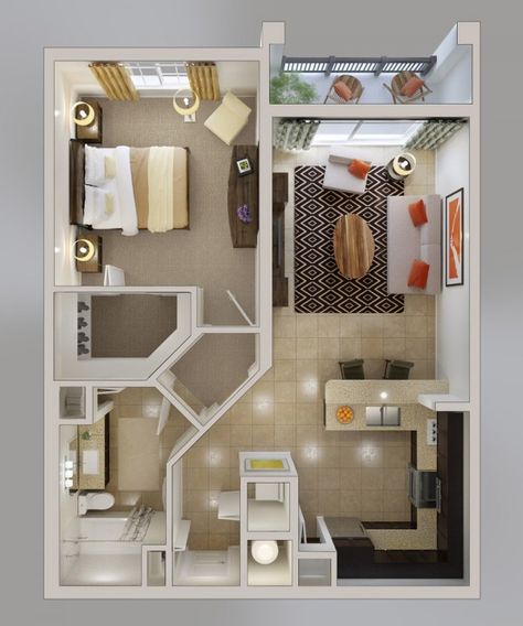 Want a one bedroom with plenty of kitchen space? Then you'll love this plan, which showcases a gorgeous U-shaped kitchen complete with breakfast bar, lots of cabinetry, modern appliances, and granite countertops. A gourmet's dream! As for the rest of the space, the modern furnishings (like that AMAZING rug) and the charming details (large windows, recessed lighting throughout, and a charming balcony) make this space unforgettable. Perfect Tiny House, Garage Cottage, Rent House, Granny Flats, Apartment Floor Plans, Modern Appliances, Apartment Layout, Apartment Plans, Tiny House Living