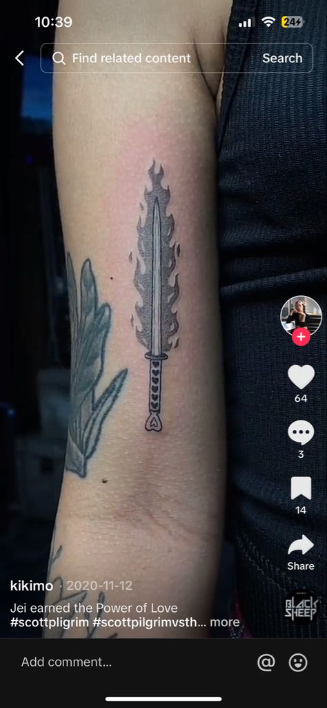 Scott Pilgrim Tattoo Ideas, Finn Swords Tattoo, Men Tattoo Ideas Swords, Scott Pilgrim Tattoo, Pilgrim Tattoo, Small Swords Tattoos, Finn’s Swords Adventure Time Tattoo, Longsword Tattoo, Tattoos 2024