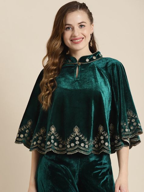 Embroidered Poncho, Viking Tunic, Tunics For Women, Cape Top, Kurtis For Women, Cape Tops, Velvet Cape, Velvet Dress Designs, Teal Velvet