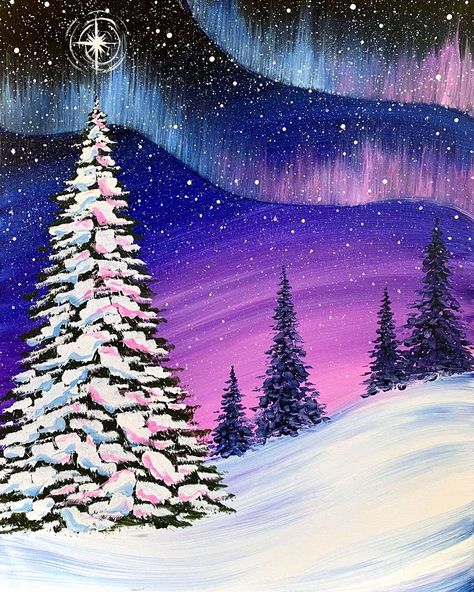 Winter Tree Painting Acrylic, Winter Wonderland Painting Easy, Diy Winter Painting, Winter Wonderland Painting, Winter Painting Ideas, Palette Winter, Aurora Lights, Pinots Palette, Northern Lights Painting