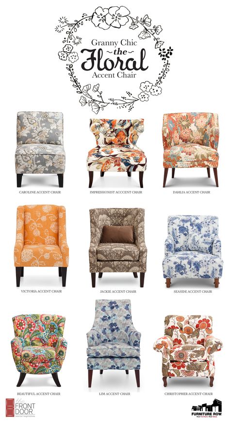 Floral Sofa Designs, Floral Chairs Living Room, Floral Sofa Living Room, Floral Chair Living Room, Chic Bedroom Wall Decor, Gray Sofa Styling, Vintage Accent Chair, Floral Accent Chairs, Floral Chairs