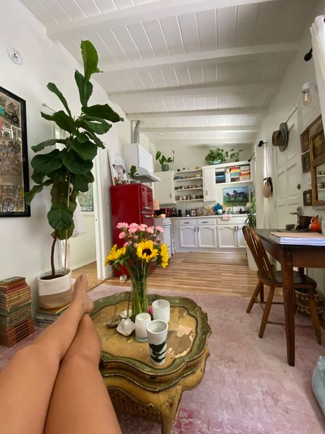 450-Square-Foot Venice Bungalow Apartment Photos | Apartment Therapy Fridge In Living Room, Red Fridge Kitchen, Mosaic Tile Bathroom Floor, Red Fridge, Vintage Bungalow, Red Bathroom Accessories, Jungle Oasis, Tiny Backyard, Small Studio Apartment Decorating